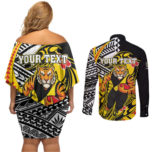 Personalized Richmond Tigers Couples Matching Off Shoulder Short Dress and Long Sleeve Button Shirt Polynesian Tribal Tiger Mascot With Hibiscus Floral Art