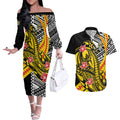 Personalized Richmond Tigers Couples Matching Off The Shoulder Long Sleeve Dress and Hawaiian Shirt Polynesian Tribal Tiger Mascot With Hibiscus Floral Art