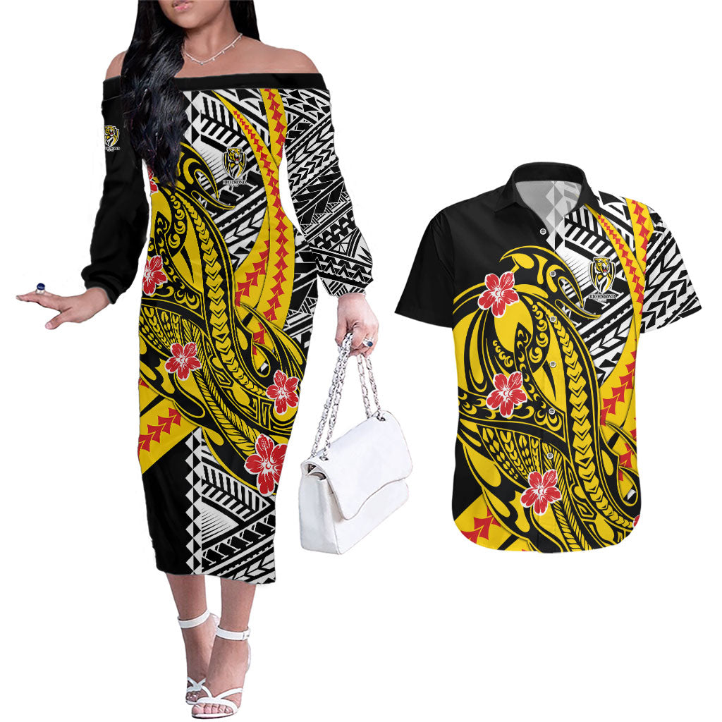 Personalized Richmond Tigers Couples Matching Off The Shoulder Long Sleeve Dress and Hawaiian Shirt Polynesian Tribal Tiger Mascot With Hibiscus Floral Art