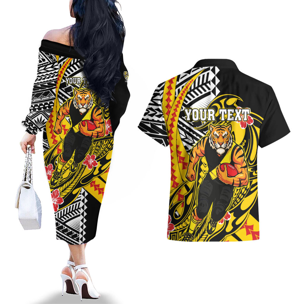 Personalized Richmond Tigers Couples Matching Off The Shoulder Long Sleeve Dress and Hawaiian Shirt Polynesian Tribal Tiger Mascot With Hibiscus Floral Art