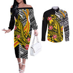 Personalized Richmond Tigers Couples Matching Off The Shoulder Long Sleeve Dress and Long Sleeve Button Shirt Polynesian Tribal Tiger Mascot With Hibiscus Floral Art