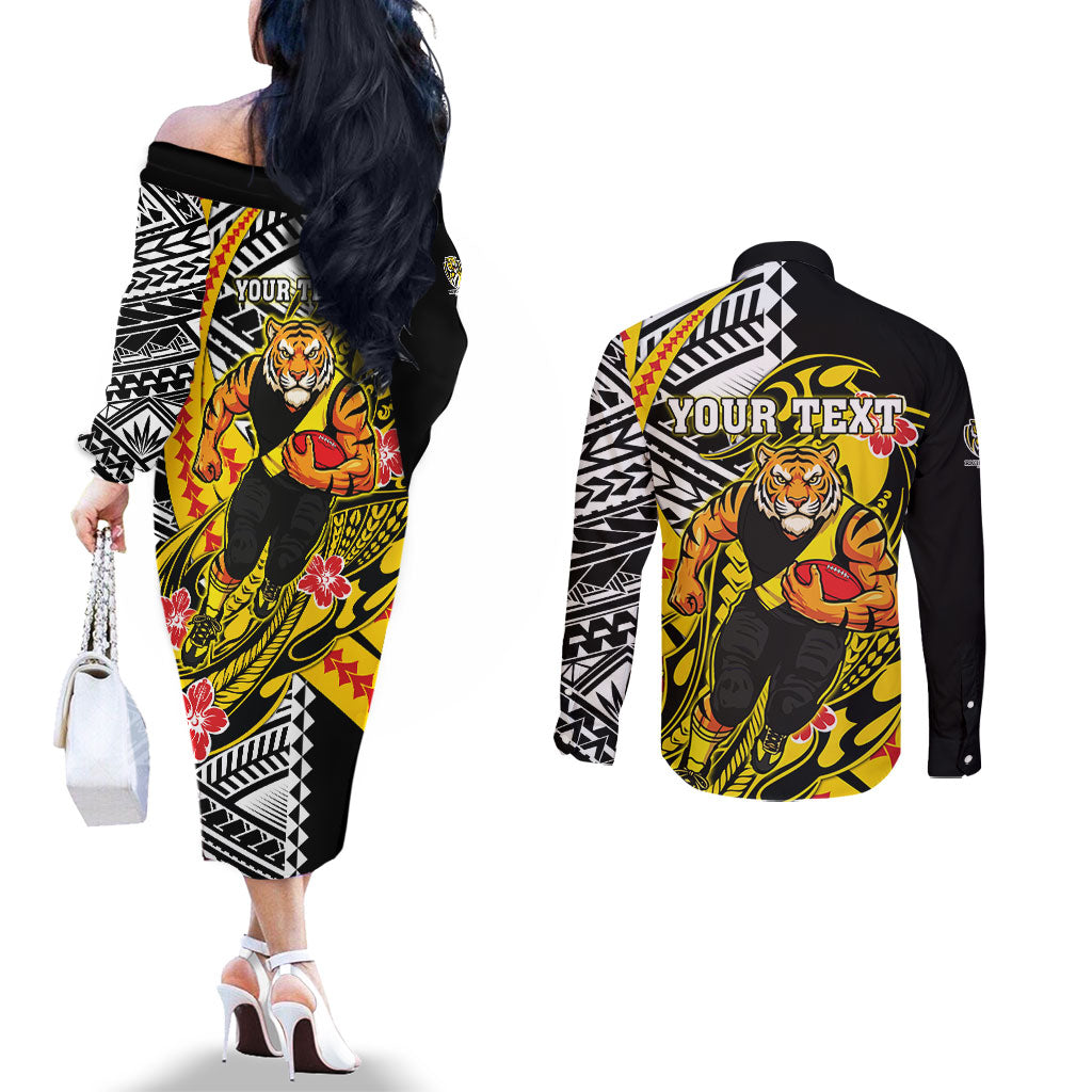 Personalized Richmond Tigers Couples Matching Off The Shoulder Long Sleeve Dress and Long Sleeve Button Shirt Polynesian Tribal Tiger Mascot With Hibiscus Floral Art