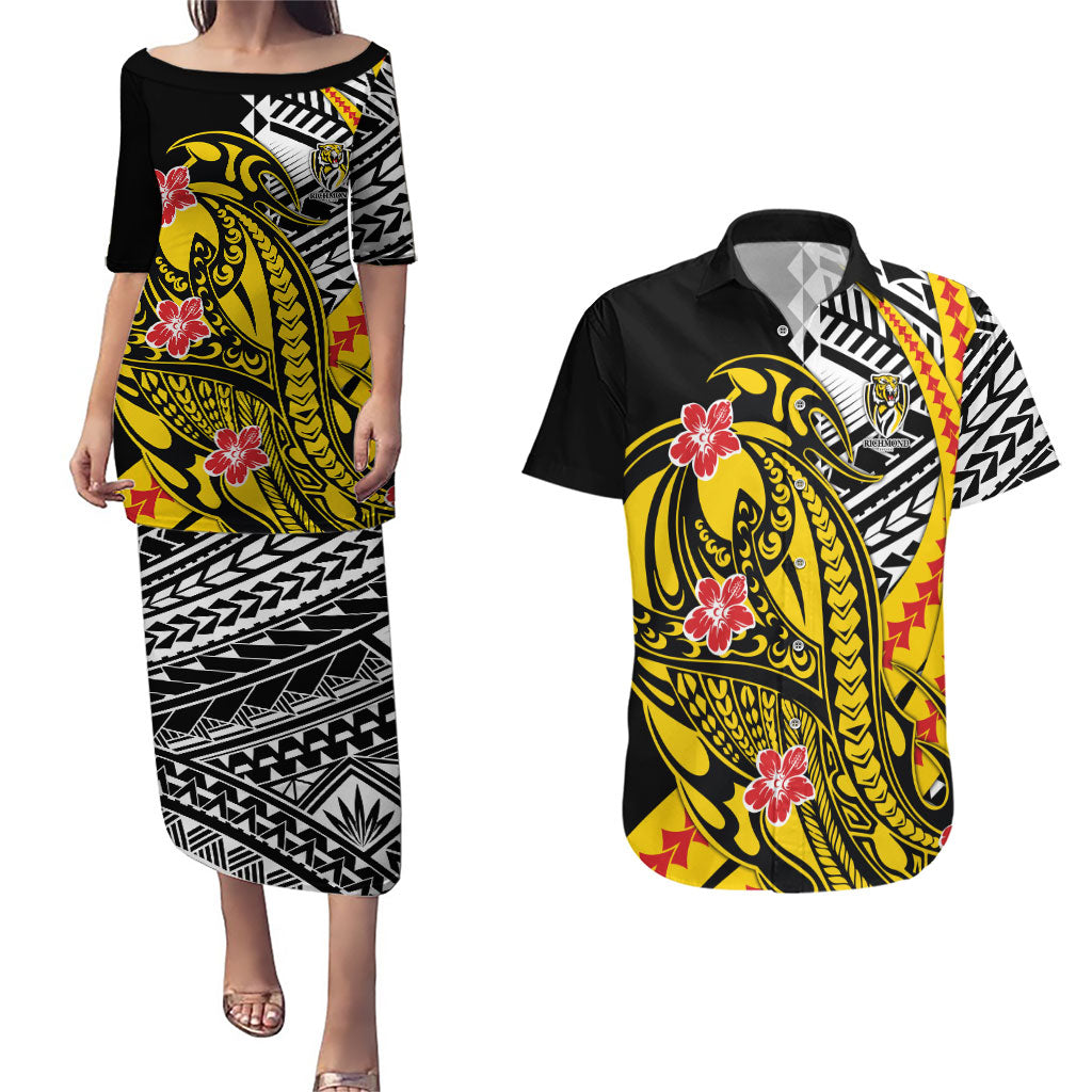Personalized Richmond Tigers Couples Matching Puletasi and Hawaiian Shirt Polynesian Tribal Tiger Mascot With Hibiscus Floral Art
