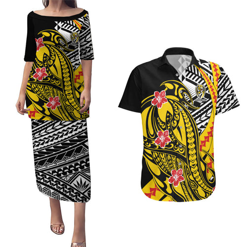 Personalized Richmond Tigers Couples Matching Puletasi and Hawaiian Shirt Polynesian Tribal Tiger Mascot With Hibiscus Floral Art