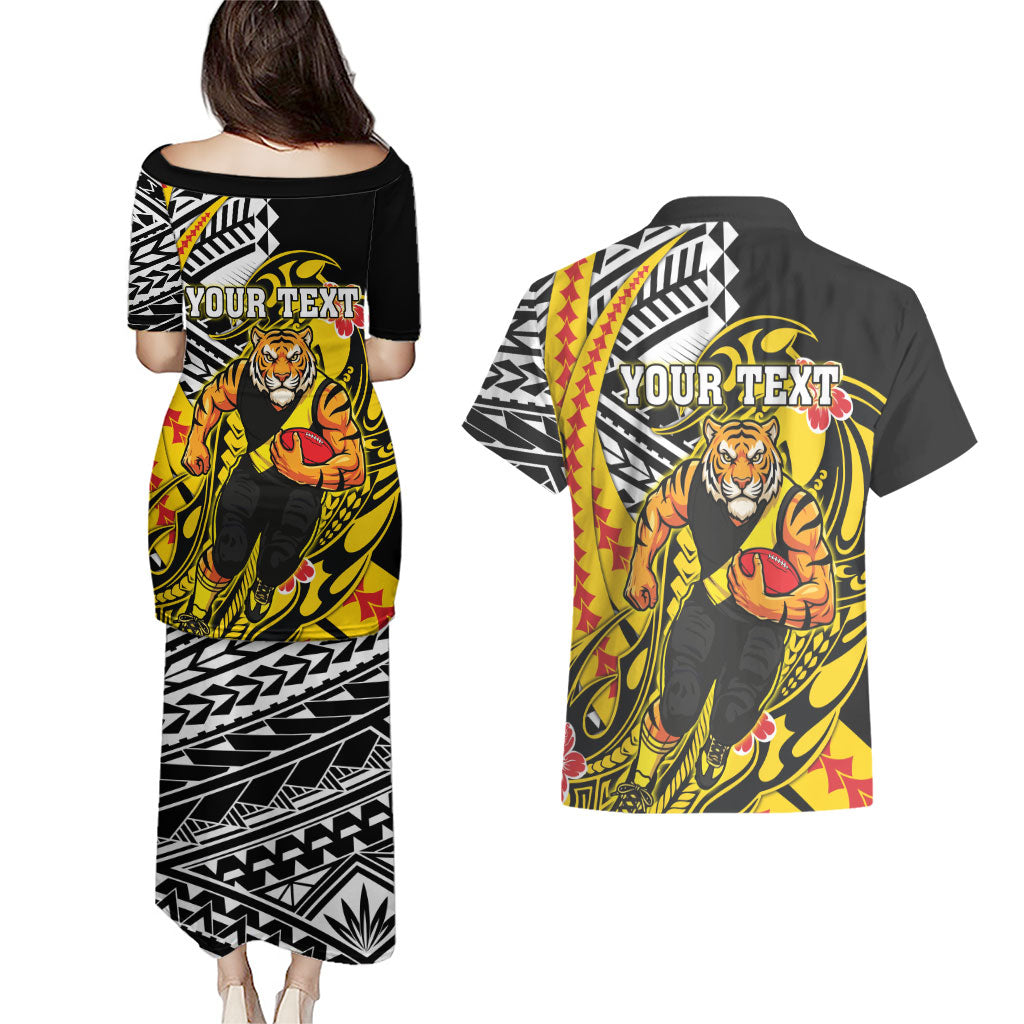 Personalized Richmond Tigers Couples Matching Puletasi and Hawaiian Shirt Polynesian Tribal Tiger Mascot With Hibiscus Floral Art