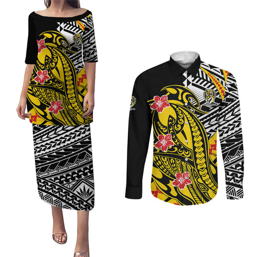 Personalized Richmond Tigers Couples Matching Puletasi and Long Sleeve Button Shirt Polynesian Tribal Tiger Mascot With Hibiscus Floral Art