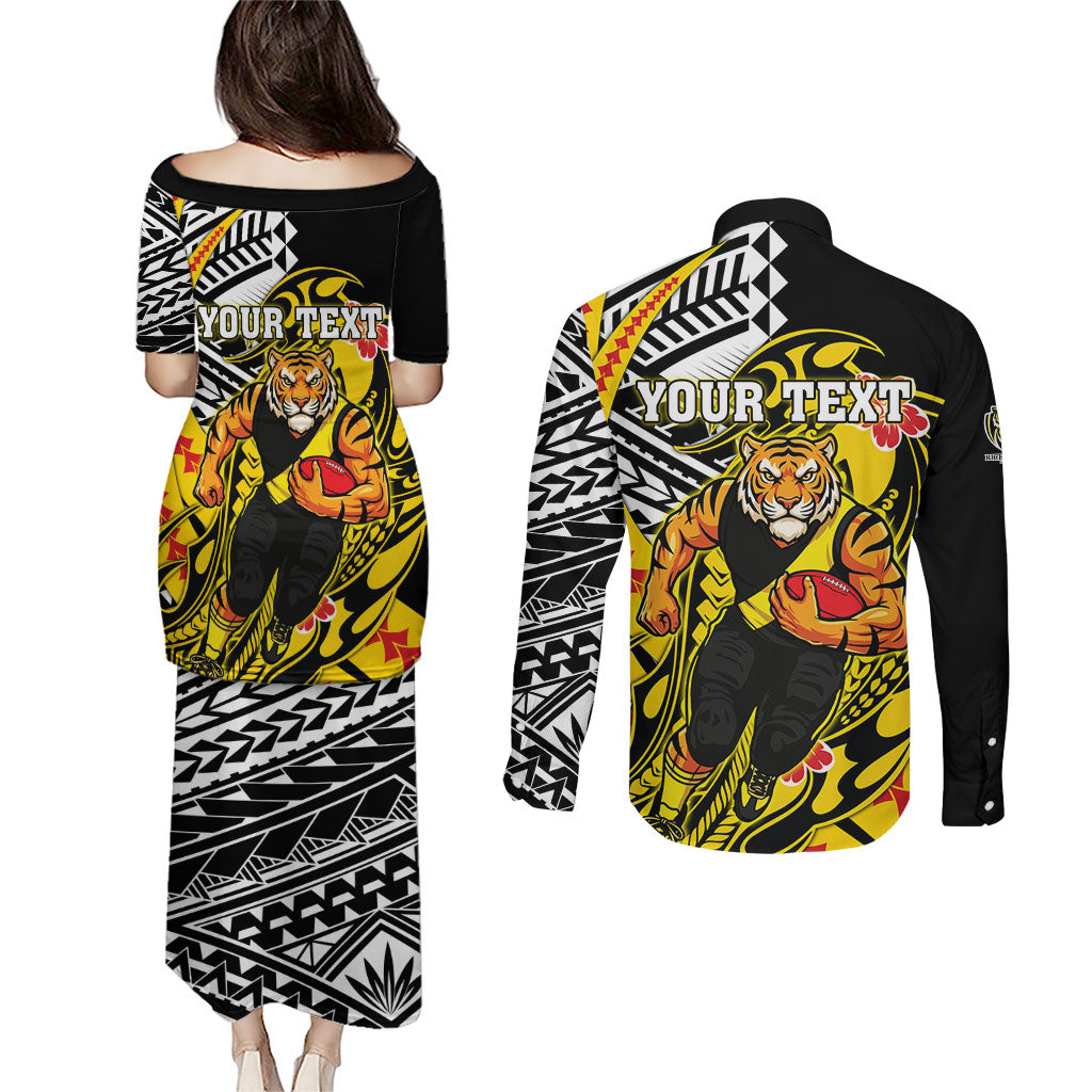 Personalized Richmond Tigers Couples Matching Puletasi and Long Sleeve Button Shirt Polynesian Tribal Tiger Mascot With Hibiscus Floral Art