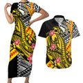 Personalized Richmond Tigers Couples Matching Short Sleeve Bodycon Dress and Hawaiian Shirt Polynesian Tribal Tiger Mascot With Hibiscus Floral Art