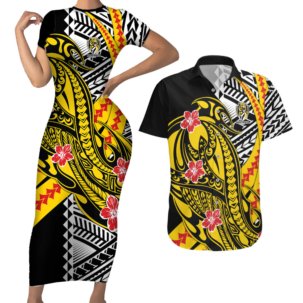 Personalized Richmond Tigers Couples Matching Short Sleeve Bodycon Dress and Hawaiian Shirt Polynesian Tribal Tiger Mascot With Hibiscus Floral Art