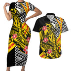 Personalized Richmond Tigers Couples Matching Short Sleeve Bodycon Dress and Hawaiian Shirt Polynesian Tribal Tiger Mascot With Hibiscus Floral Art