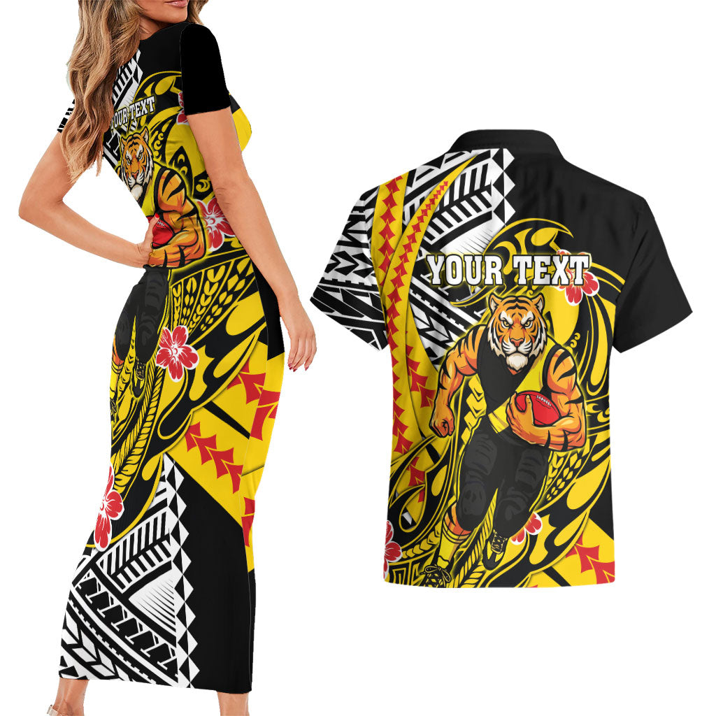 Personalized Richmond Tigers Couples Matching Short Sleeve Bodycon Dress and Hawaiian Shirt Polynesian Tribal Tiger Mascot With Hibiscus Floral Art
