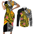 Personalized Richmond Tigers Couples Matching Short Sleeve Bodycon Dress and Long Sleeve Button Shirt Polynesian Tribal Tiger Mascot With Hibiscus Floral Art