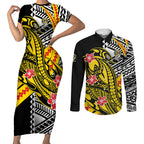 Personalized Richmond Tigers Couples Matching Short Sleeve Bodycon Dress and Long Sleeve Button Shirt Polynesian Tribal Tiger Mascot With Hibiscus Floral Art