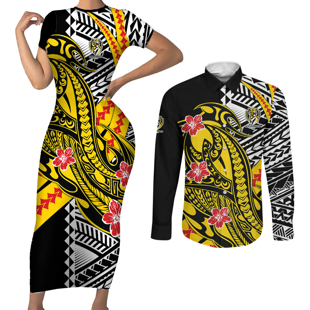 Personalized Richmond Tigers Couples Matching Short Sleeve Bodycon Dress and Long Sleeve Button Shirt Polynesian Tribal Tiger Mascot With Hibiscus Floral Art