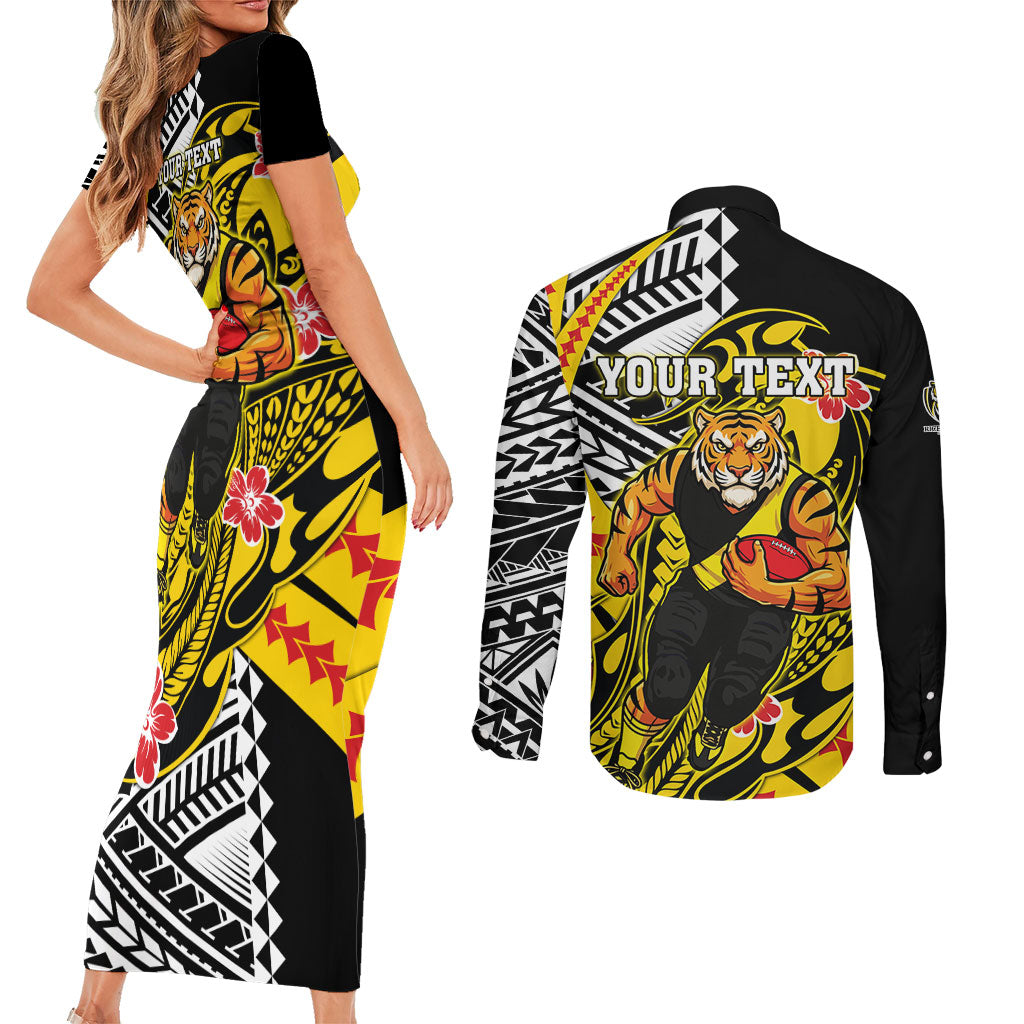 Personalized Richmond Tigers Couples Matching Short Sleeve Bodycon Dress and Long Sleeve Button Shirt Polynesian Tribal Tiger Mascot With Hibiscus Floral Art