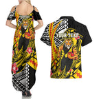 Personalized Richmond Tigers Couples Matching Summer Maxi Dress and Hawaiian Shirt Polynesian Tribal Tiger Mascot With Hibiscus Floral Art