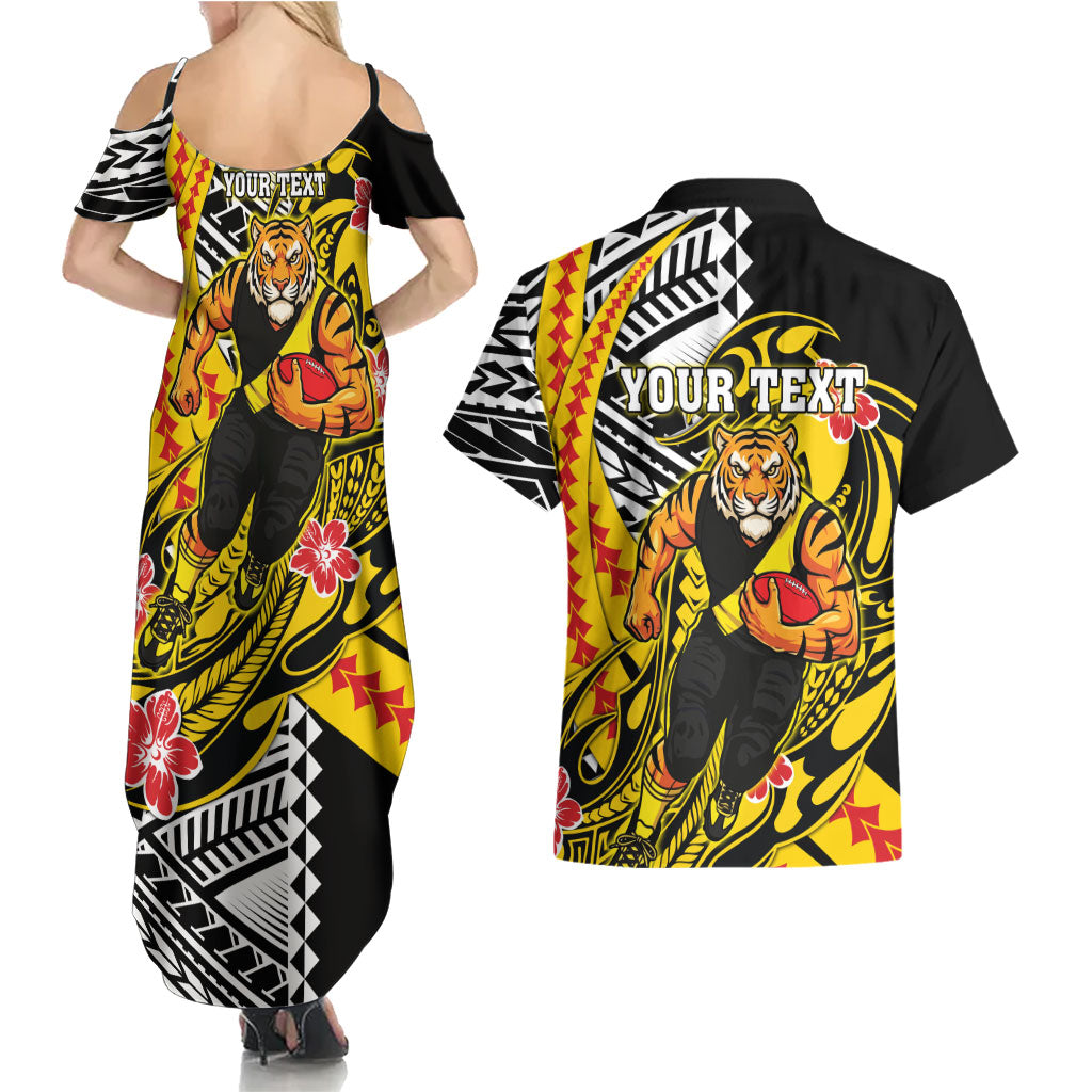 Personalized Richmond Tigers Couples Matching Summer Maxi Dress and Hawaiian Shirt Polynesian Tribal Tiger Mascot With Hibiscus Floral Art