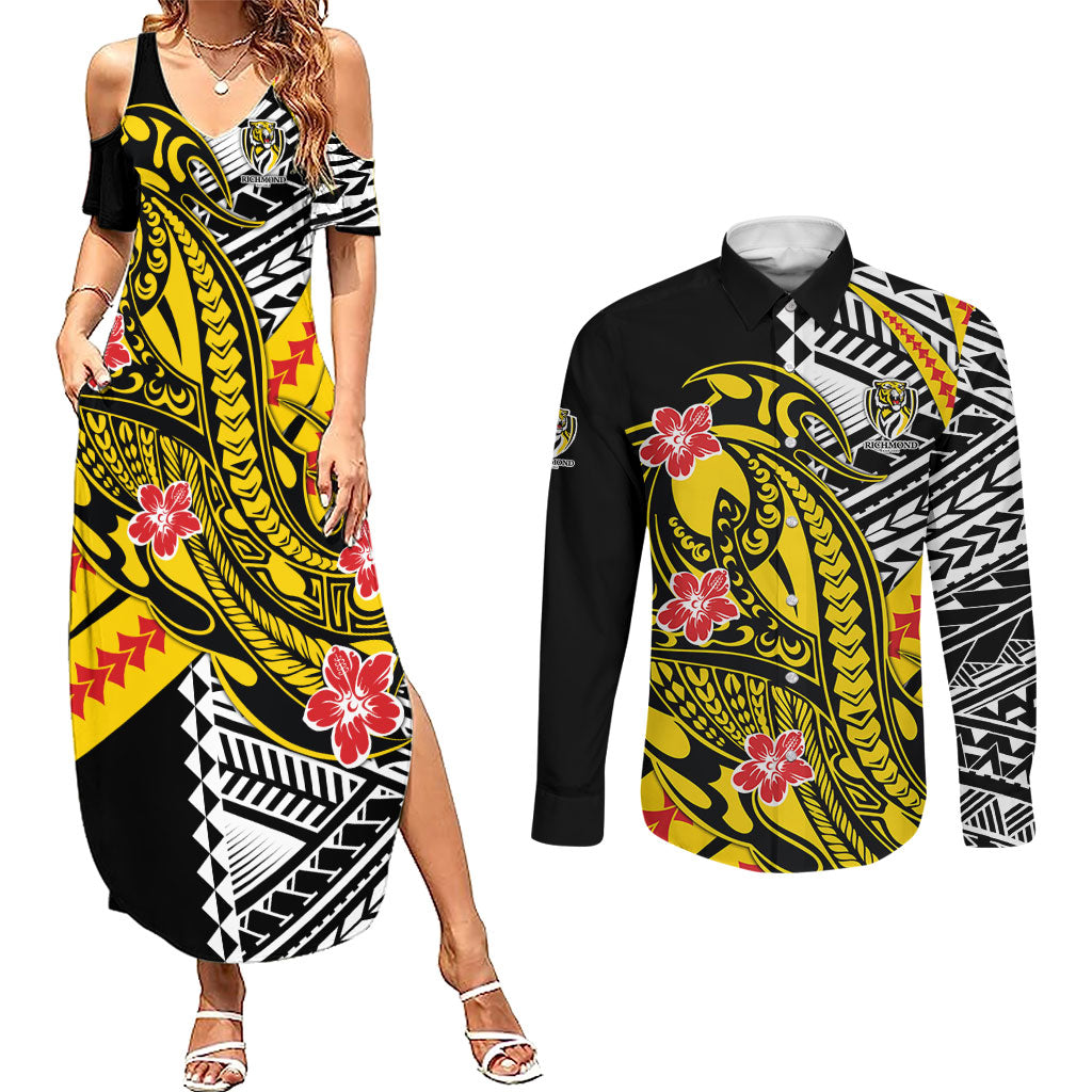 Personalized Richmond Tigers Couples Matching Summer Maxi Dress and Long Sleeve Button Shirt Polynesian Tribal Tiger Mascot With Hibiscus Floral Art