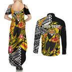 Personalized Richmond Tigers Couples Matching Summer Maxi Dress and Long Sleeve Button Shirt Polynesian Tribal Tiger Mascot With Hibiscus Floral Art