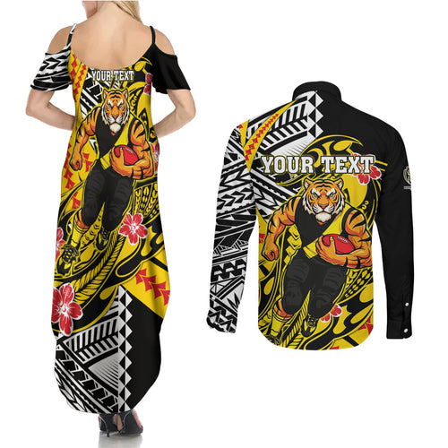 Personalized Richmond Tigers Couples Matching Summer Maxi Dress and Long Sleeve Button Shirt Polynesian Tribal Tiger Mascot With Hibiscus Floral Art