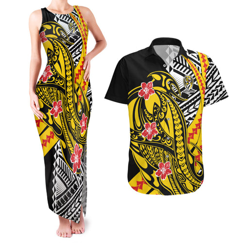 Personalized Richmond Tigers Couples Matching Tank Maxi Dress and Hawaiian Shirt Polynesian Tribal Tiger Mascot With Hibiscus Floral Art