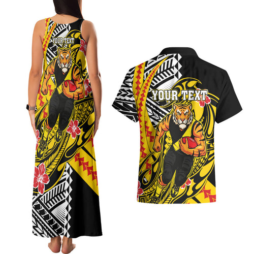 Personalized Richmond Tigers Couples Matching Tank Maxi Dress and Hawaiian Shirt Polynesian Tribal Tiger Mascot With Hibiscus Floral Art