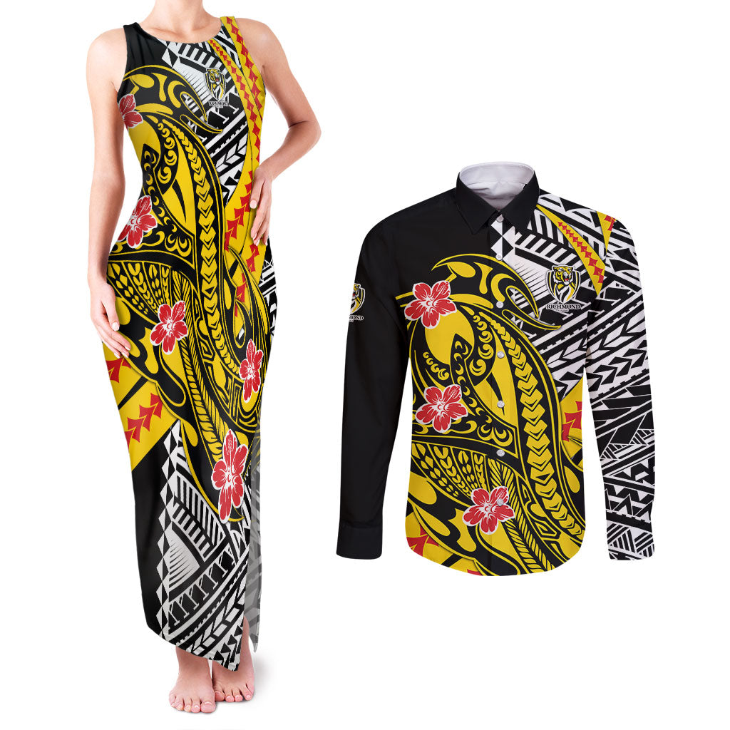 Personalized Richmond Tigers Couples Matching Tank Maxi Dress and Long Sleeve Button Shirt Polynesian Tribal Tiger Mascot With Hibiscus Floral Art