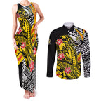 Personalized Richmond Tigers Couples Matching Tank Maxi Dress and Long Sleeve Button Shirt Polynesian Tribal Tiger Mascot With Hibiscus Floral Art