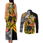 Personalized Richmond Tigers Couples Matching Tank Maxi Dress and Long Sleeve Button Shirt Polynesian Tribal Tiger Mascot With Hibiscus Floral Art