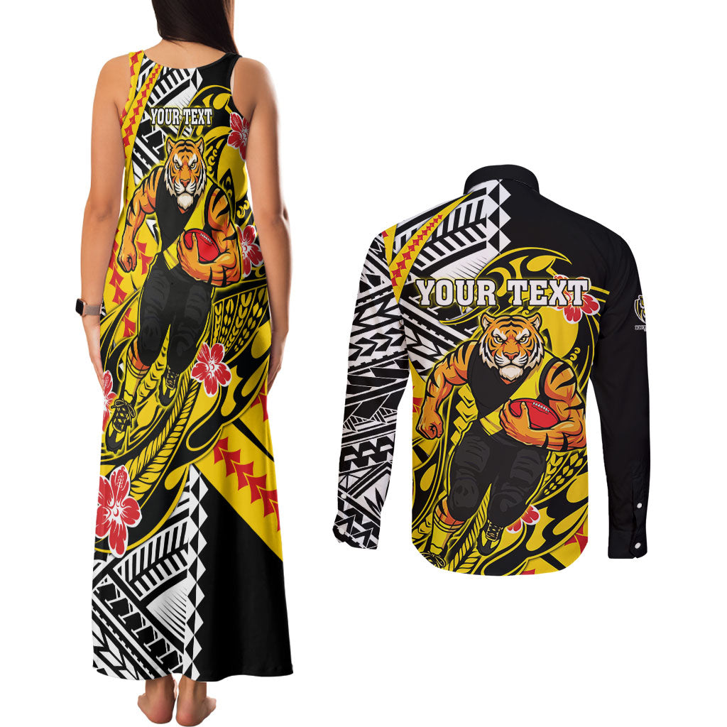 Personalized Richmond Tigers Couples Matching Tank Maxi Dress and Long Sleeve Button Shirt Polynesian Tribal Tiger Mascot With Hibiscus Floral Art