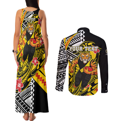 Personalized Richmond Tigers Couples Matching Tank Maxi Dress and Long Sleeve Button Shirt Polynesian Tribal Tiger Mascot With Hibiscus Floral Art
