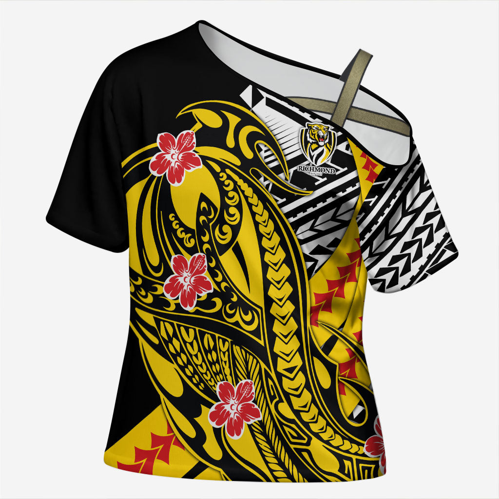 Personalized Richmond Tigers Cross Shoulder Shirt Polynesian Tribal Tiger Mascot With Hibiscus Floral Art