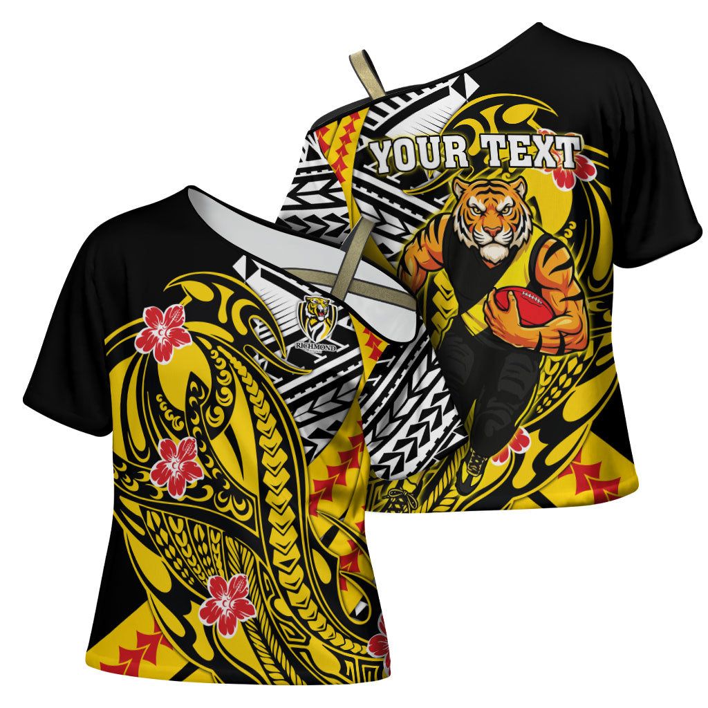 Personalized Richmond Tigers Cross Shoulder Shirt Polynesian Tribal Tiger Mascot With Hibiscus Floral Art