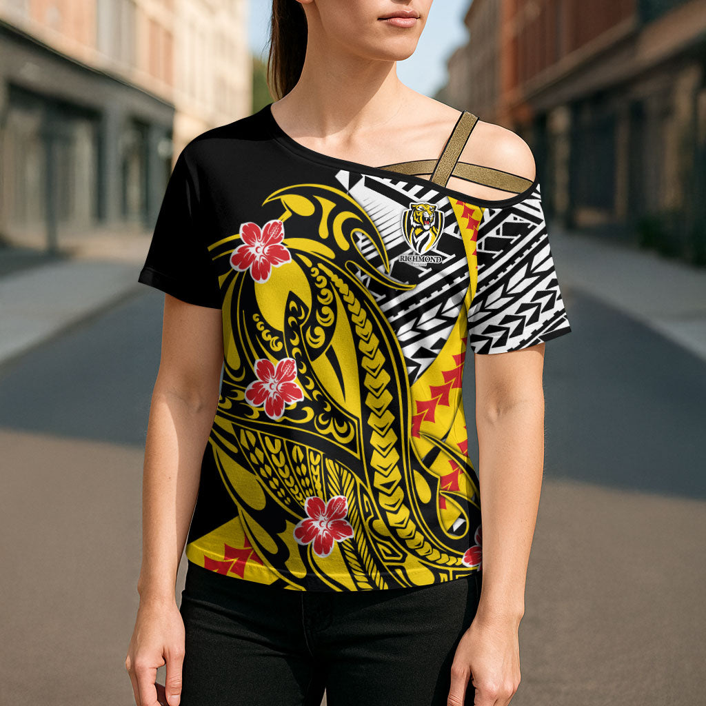 Personalized Richmond Tigers Cross Shoulder Shirt Polynesian Tribal Tiger Mascot With Hibiscus Floral Art