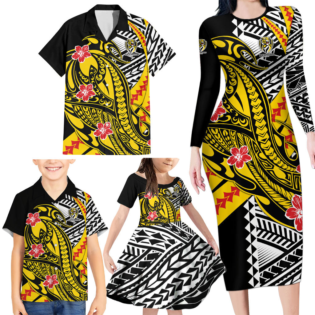 Personalized Richmond Tigers Family Matching Long Sleeve Bodycon Dress and Hawaiian Shirt Polynesian Tribal Tiger Mascot With Hibiscus Floral Art