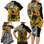 Personalized Richmond Tigers Family Matching Long Sleeve Bodycon Dress and Hawaiian Shirt Polynesian Tribal Tiger Mascot With Hibiscus Floral Art
