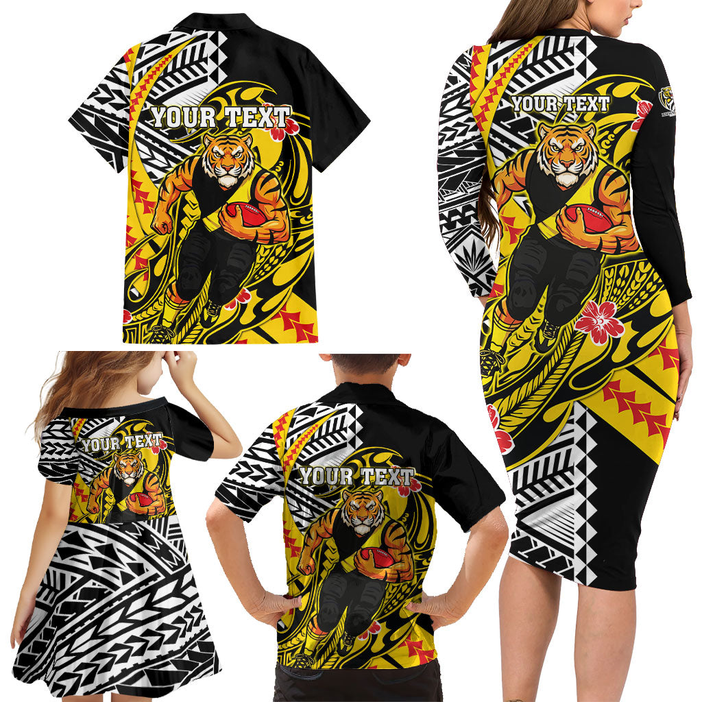 Personalized Richmond Tigers Family Matching Long Sleeve Bodycon Dress and Hawaiian Shirt Polynesian Tribal Tiger Mascot With Hibiscus Floral Art