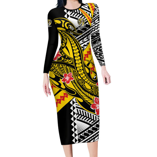 Personalized Richmond Tigers Family Matching Long Sleeve Bodycon Dress and Hawaiian Shirt Polynesian Tribal Tiger Mascot With Hibiscus Floral Art