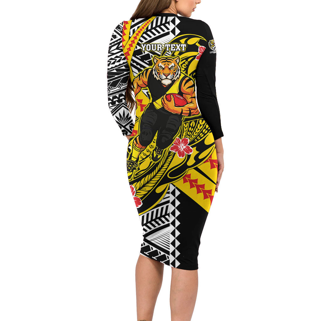 Personalized Richmond Tigers Family Matching Long Sleeve Bodycon Dress and Hawaiian Shirt Polynesian Tribal Tiger Mascot With Hibiscus Floral Art