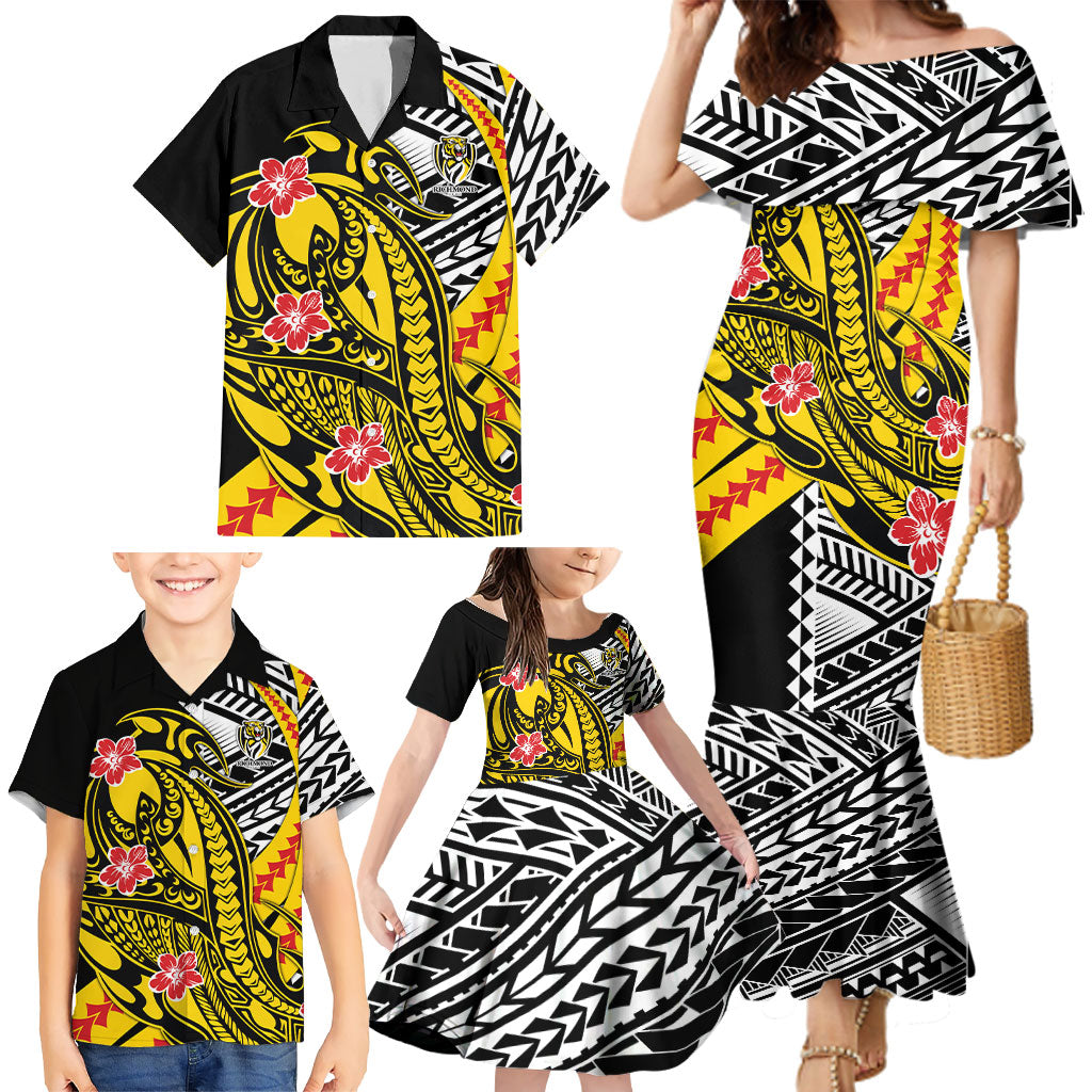 Personalized Richmond Tigers Family Matching Mermaid Dress and Hawaiian Shirt Polynesian Tribal Tiger Mascot With Hibiscus Floral Art