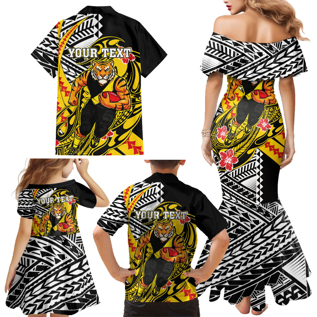 Personalized Richmond Tigers Family Matching Mermaid Dress and Hawaiian Shirt Polynesian Tribal Tiger Mascot With Hibiscus Floral Art