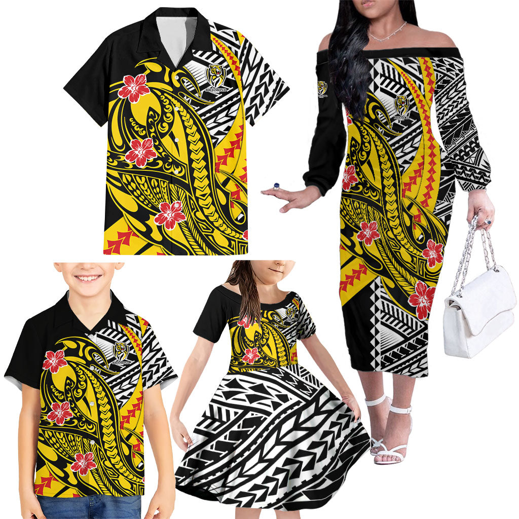 Personalized Richmond Tigers Family Matching Off The Shoulder Long Sleeve Dress and Hawaiian Shirt Polynesian Tribal Tiger Mascot With Hibiscus Floral Art