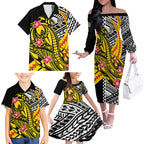 Personalized Richmond Tigers Family Matching Off The Shoulder Long Sleeve Dress and Hawaiian Shirt Polynesian Tribal Tiger Mascot With Hibiscus Floral Art