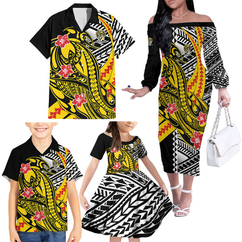 Personalized Richmond Tigers Family Matching Off The Shoulder Long Sleeve Dress and Hawaiian Shirt Polynesian Tribal Tiger Mascot With Hibiscus Floral Art