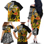 Personalized Richmond Tigers Family Matching Off The Shoulder Long Sleeve Dress and Hawaiian Shirt Polynesian Tribal Tiger Mascot With Hibiscus Floral Art