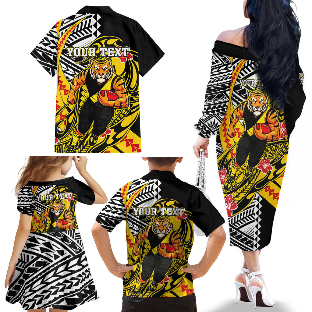 Personalized Richmond Tigers Family Matching Off The Shoulder Long Sleeve Dress and Hawaiian Shirt Polynesian Tribal Tiger Mascot With Hibiscus Floral Art
