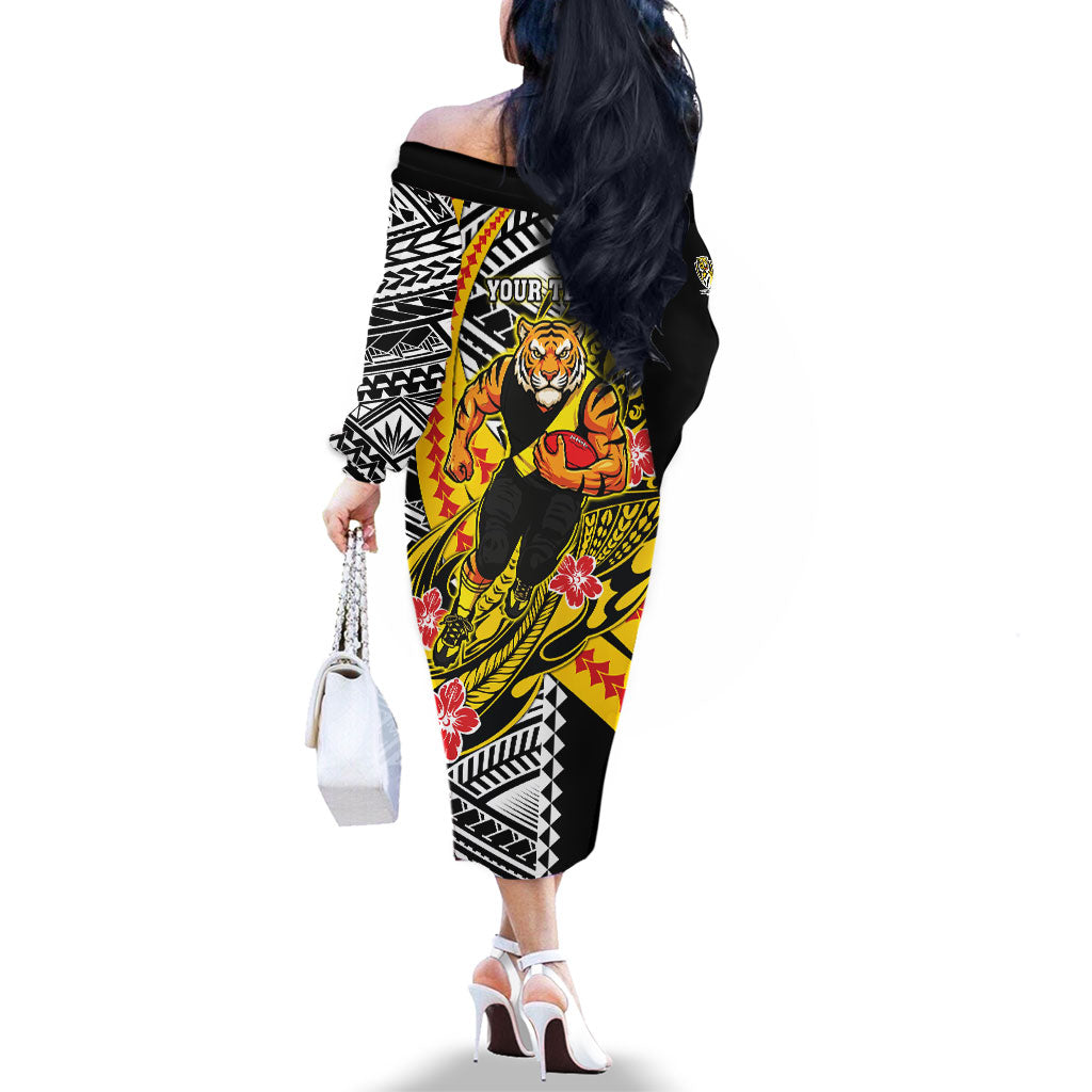 Personalized Richmond Tigers Family Matching Off The Shoulder Long Sleeve Dress and Hawaiian Shirt Polynesian Tribal Tiger Mascot With Hibiscus Floral Art