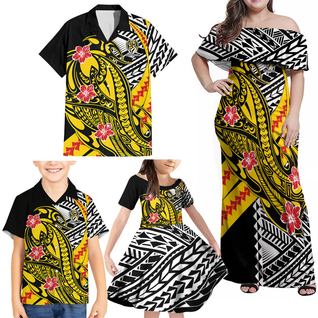 Personalized Richmond Tigers Family Matching Off Shoulder Maxi Dress and Hawaiian Shirt Polynesian Tribal Tiger Mascot With Hibiscus Floral Art