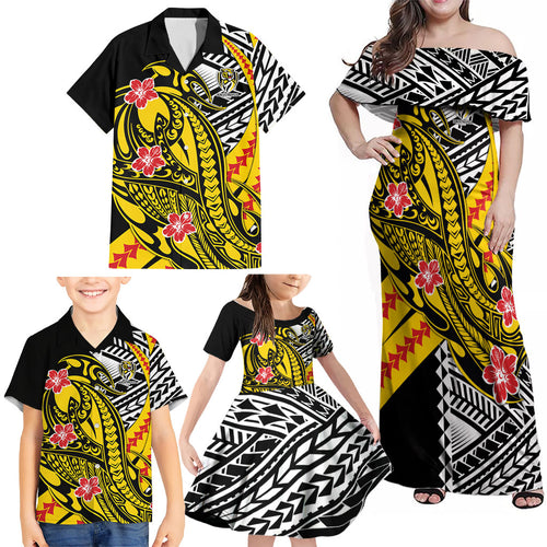 Personalized Richmond Tigers Family Matching Off Shoulder Maxi Dress and Hawaiian Shirt Polynesian Tribal Tiger Mascot With Hibiscus Floral Art