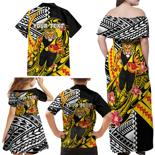Personalized Richmond Tigers Family Matching Off Shoulder Maxi Dress and Hawaiian Shirt Polynesian Tribal Tiger Mascot With Hibiscus Floral Art